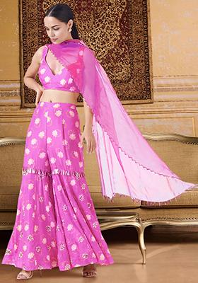 Pink Palazzo Set With Hand Embroidered Blouse And Dupatta