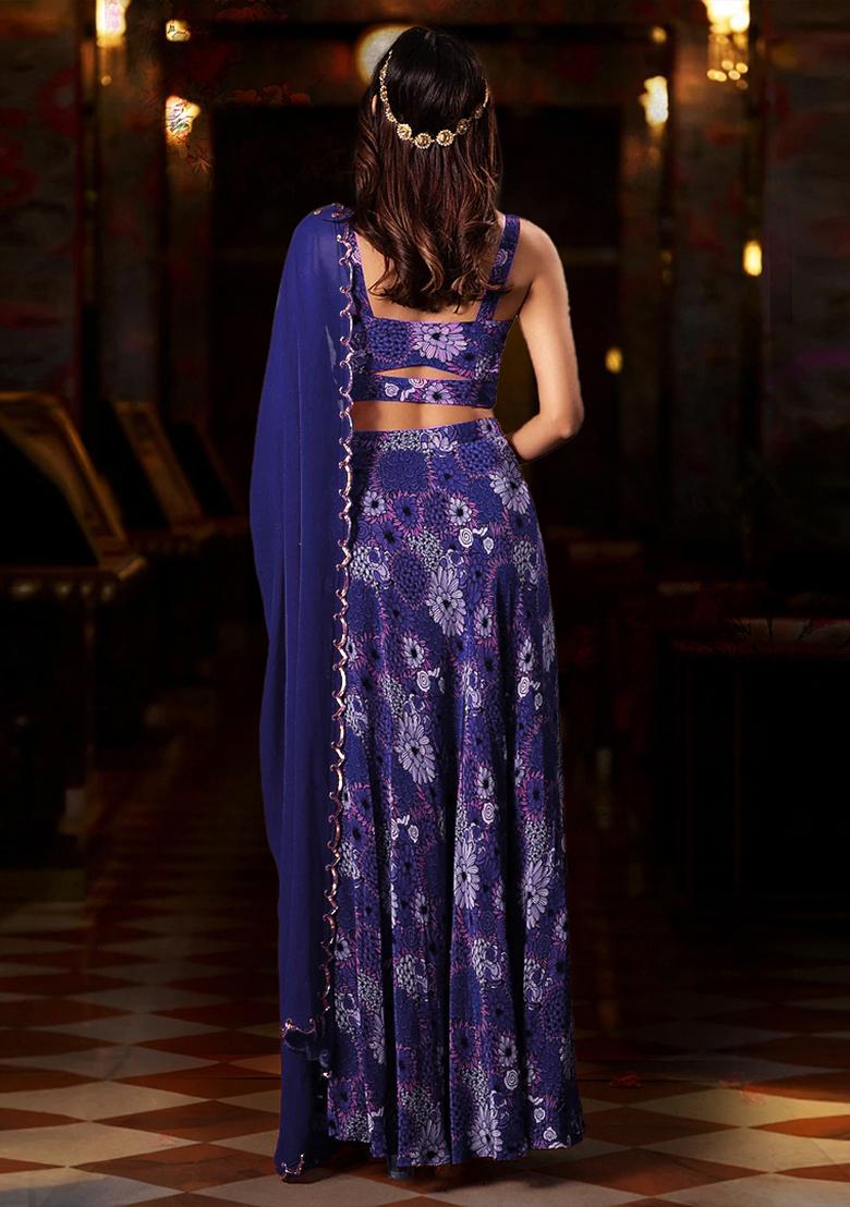 Blue Skirt Set With Hand Embroidered Blouse And Dupatta