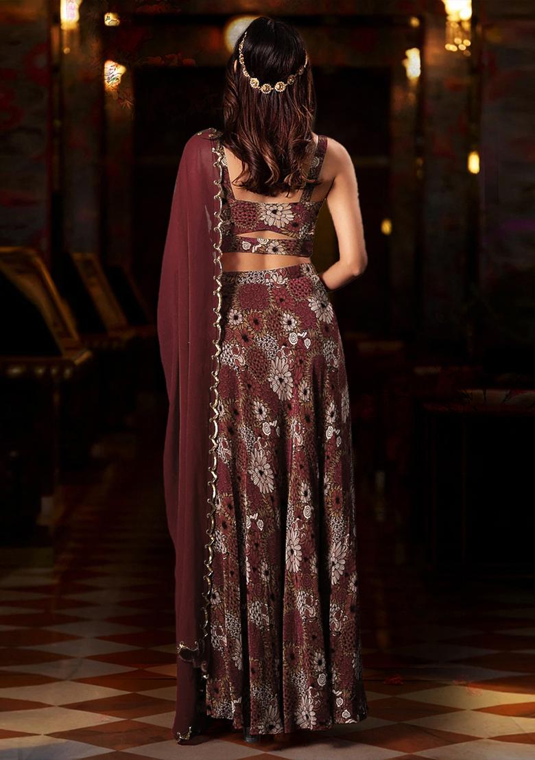 Burgundy Skirt Set With Hand Embroidered Blouse And Dupatta
