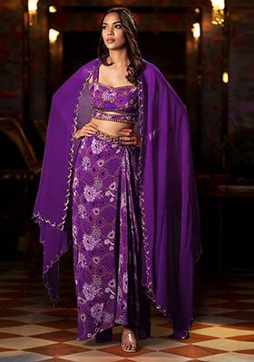 Purple Skirt Set With Hand Embroidered Blouse And Dupatta
