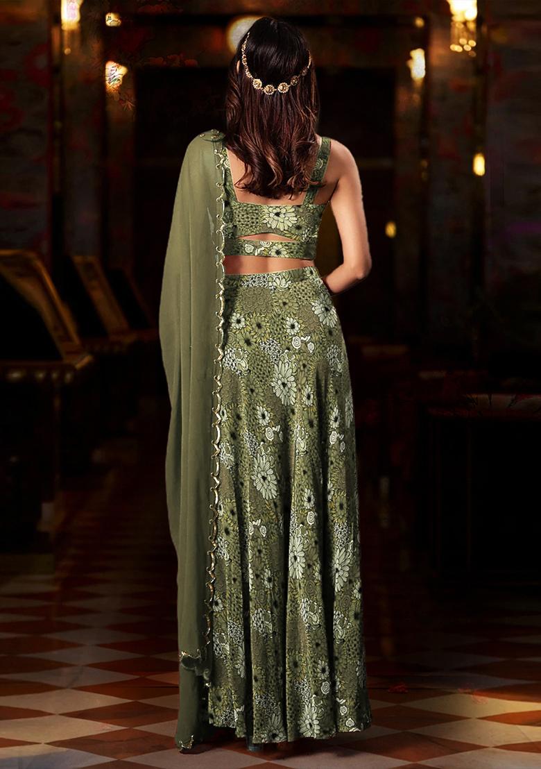 Olive Green Skirt Set With Hand Embroidered Blouse And Dupatta