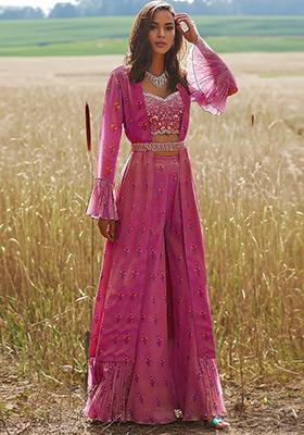 Pink Jacket And Hand Embroidered Blouse Set With Palazzo And Belt