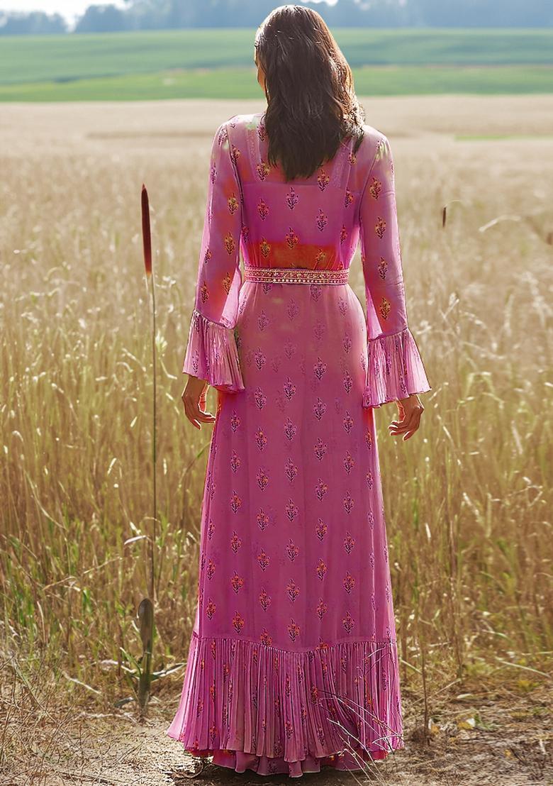 Pink Jacket And Hand Embroidered Blouse Set With Palazzo And Belt