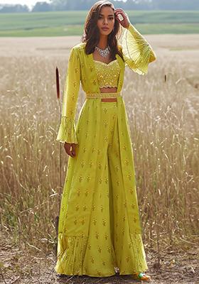 Green Jacket And Hand Embroidered Blouse Set With Palazzo And Belt