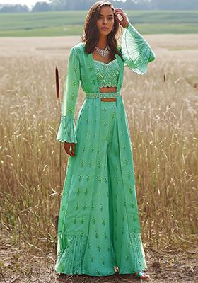 Blue Jacket And Hand Embroidered Blouse Set With Palazzo And Belt