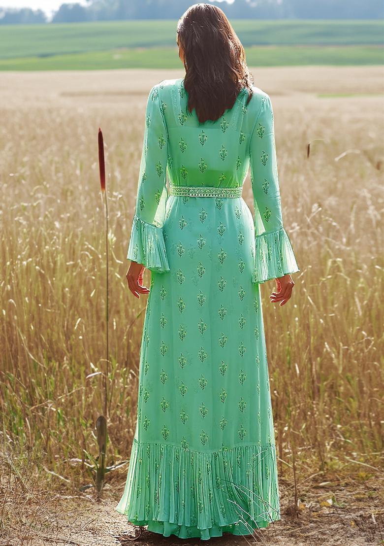 Blue Jacket And Hand Embroidered Blouse Set With Palazzo And Belt