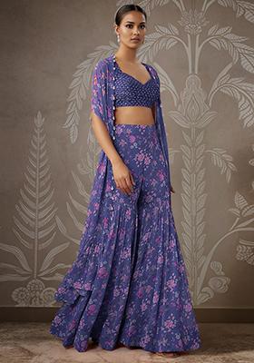 Blue Jacket Set With Hand Embroidered Blouse And Palazzo