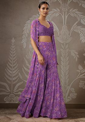 Purple Jacket Set With Hand Embroidered Blouse And Palazzo