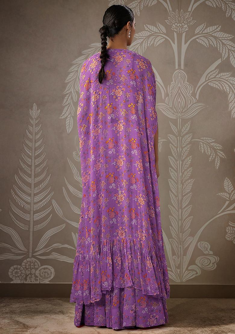 Purple Jacket Set With Hand Embroidered Blouse And Palazzo