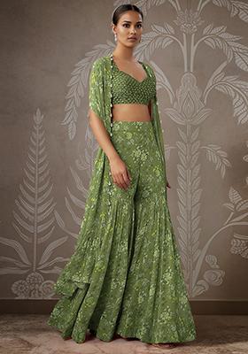 Green Jacket Set With Hand Embroidered Blouse And Palazzo