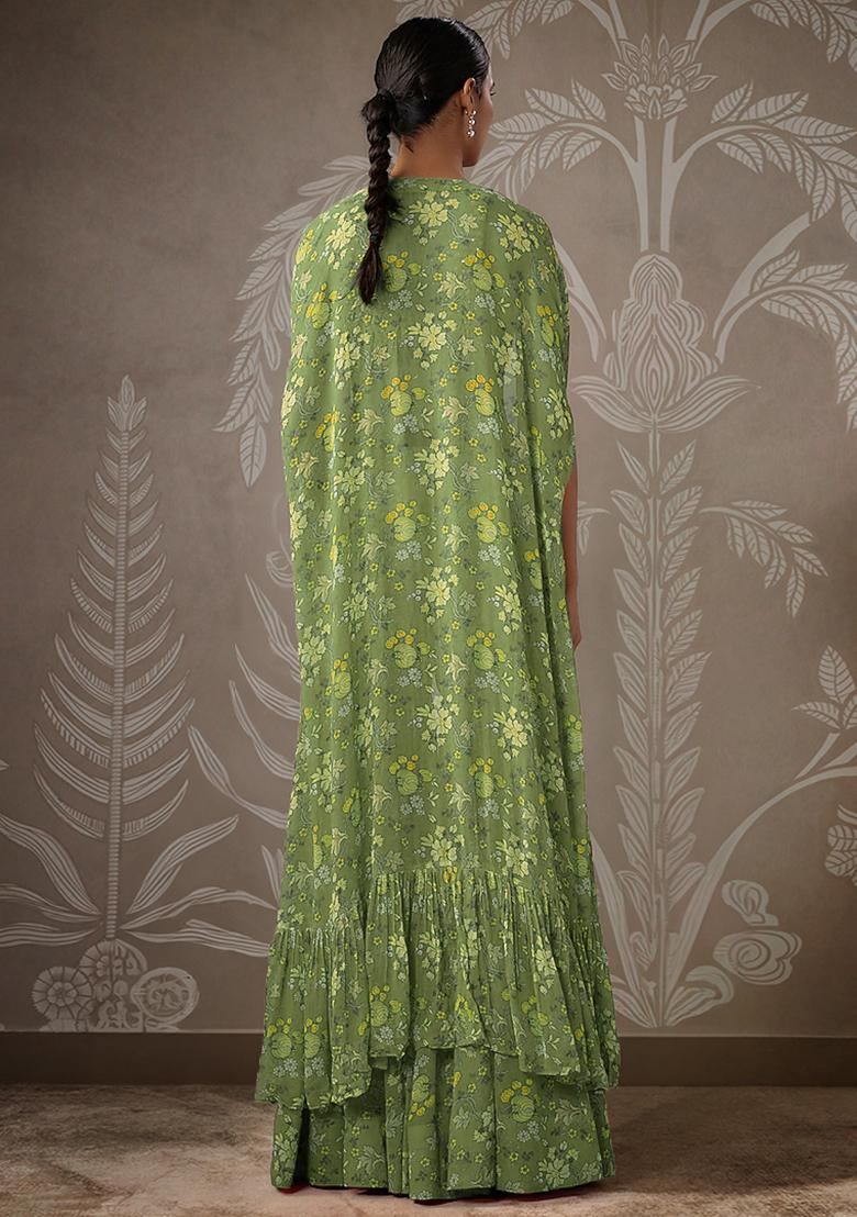 Green Jacket Set With Hand Embroidered Blouse And Palazzo