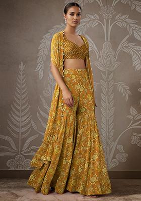Yellow Jacket Set With Hand Embroidered Blouse And Palazzo