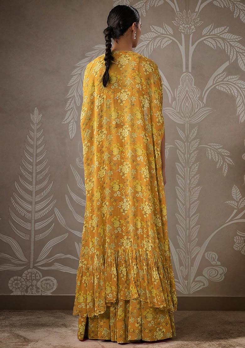 Yellow Jacket Set With Hand Embroidered Blouse And Palazzo