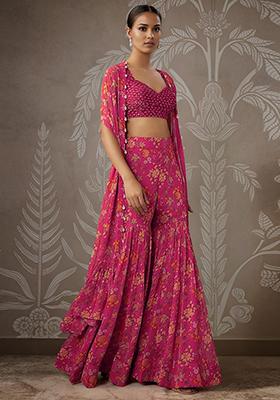 Pink Jacket Set With Hand Embroidered Blouse And Palazzo