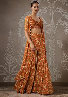 Orange Jacket Set With Hand Embroidered Blouse And Palazzo