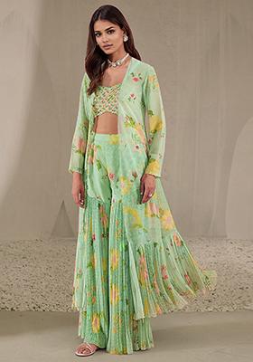 Mint Green Jacket Set With Hand Embroidered Blouse And Sharara