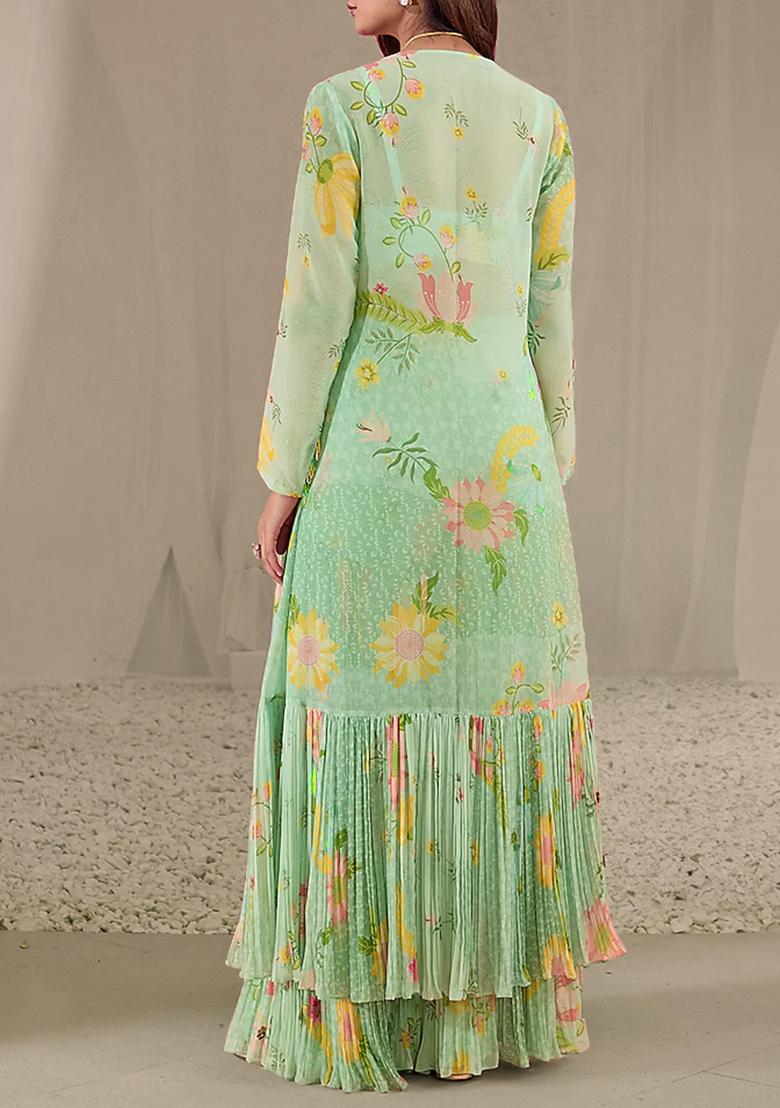 Mint Green Jacket Set With Hand Embroidered Blouse And Sharara