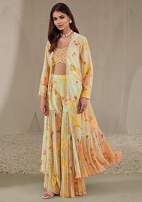 Yellow Jacket Set With Hand Embroidered Blouse And Sharara