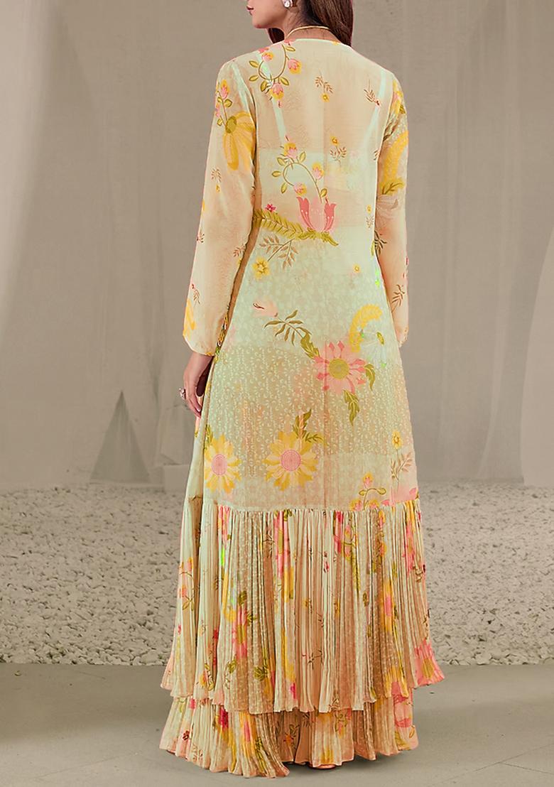 Yellow Jacket Set With Hand Embroidered Blouse And Sharara