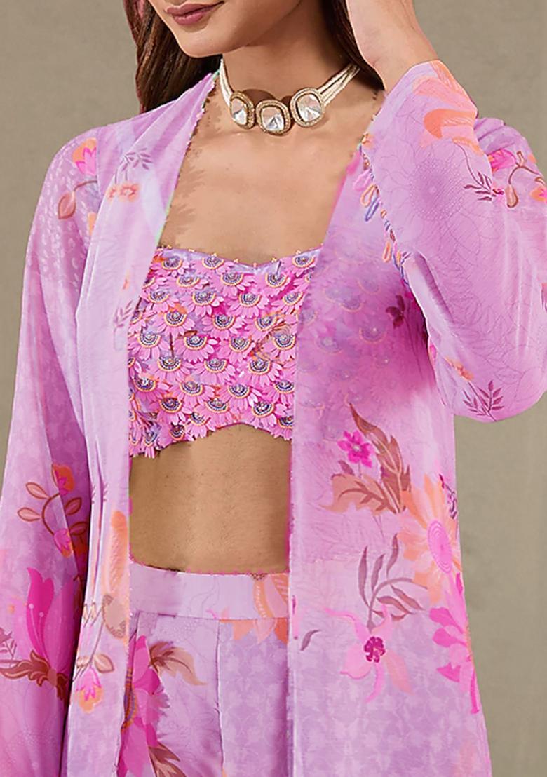 Pink Jacket Set With Hand Embroidered Blouse And Sharara