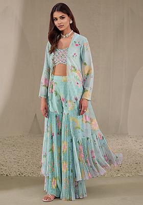 Blue Jacket Set With Hand Embroidered Blouse And Sharara