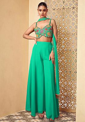 Green Palazzo Set With Hand Embroidered Blouse And Dupatta