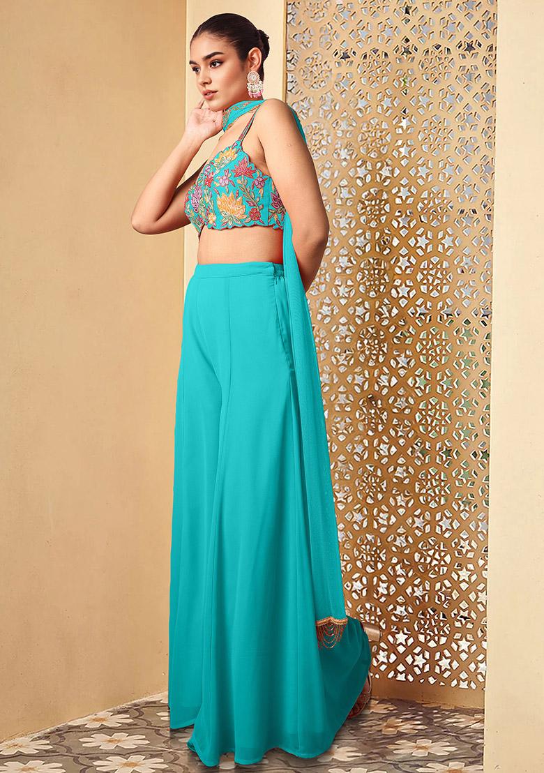 Blue Palazzo Set With Hand Embroidered Blouse And Dupatta