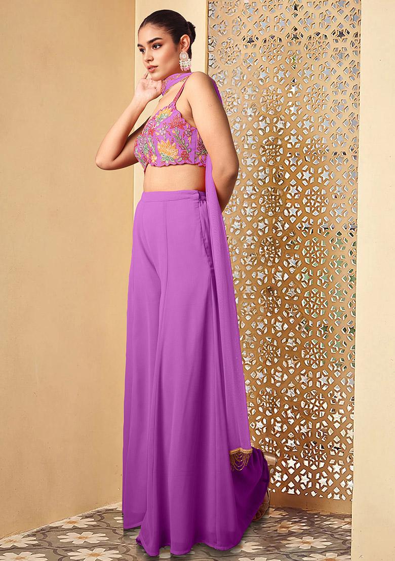 Lilac Palazzo Set With Hand Embroidered Blouse And Dupatta