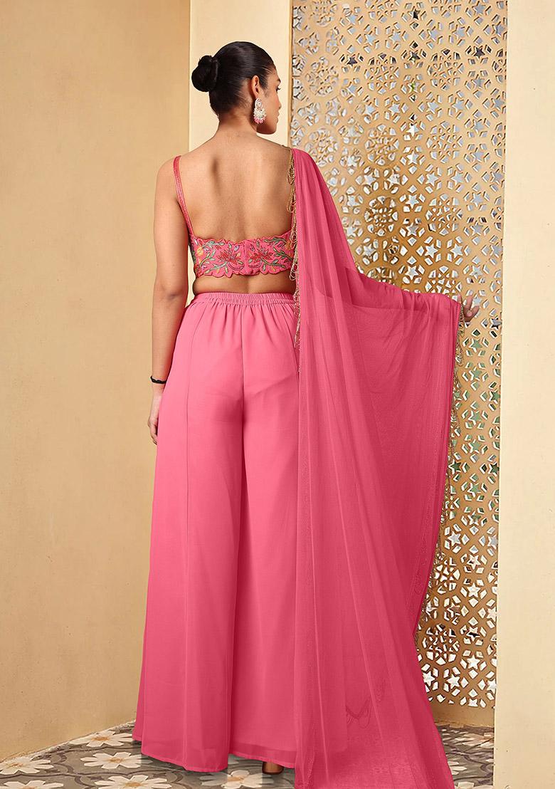 Pink Palazzo Set With Hand Embroidered Blouse And Dupatta