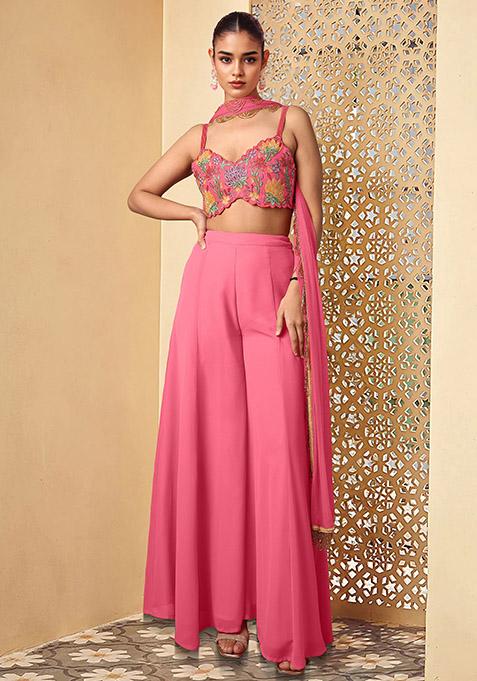 Pink Palazzo Set With Hand Embroidered Blouse And Dupatta