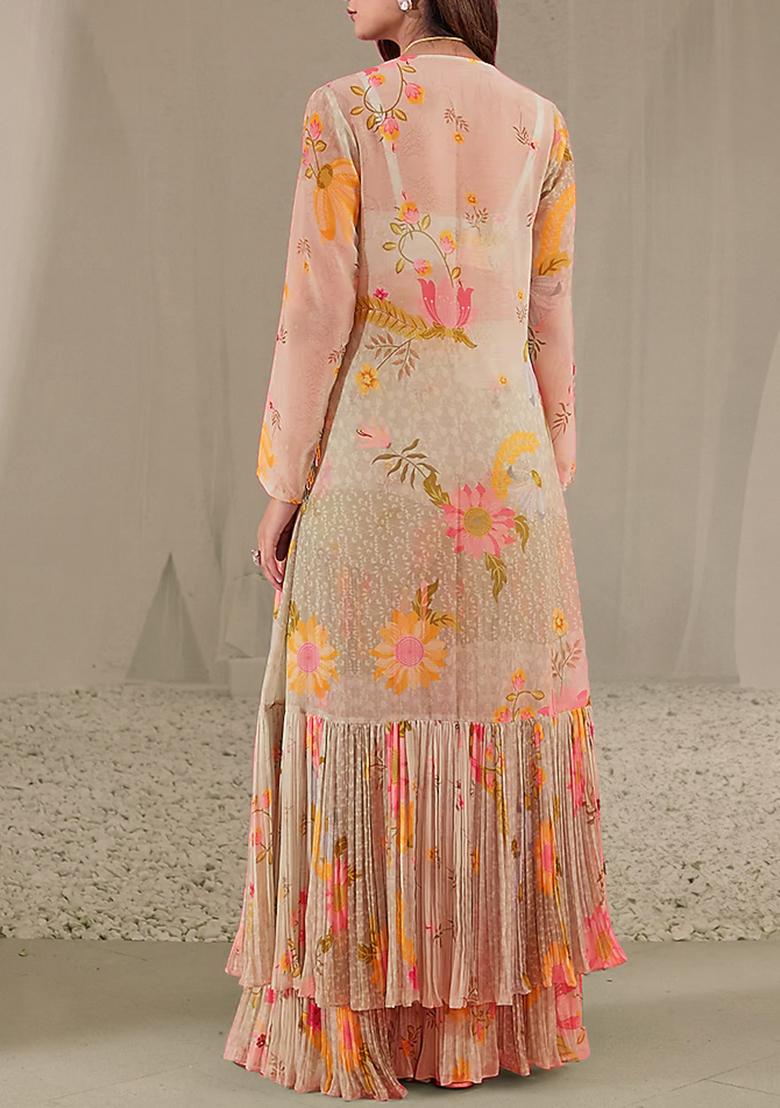 Peach Jacket Set With Hand Embroidered Blouse And Sharara