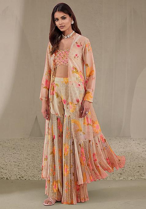 Peach Jacket Set With Hand Embroidered Blouse And Sharara