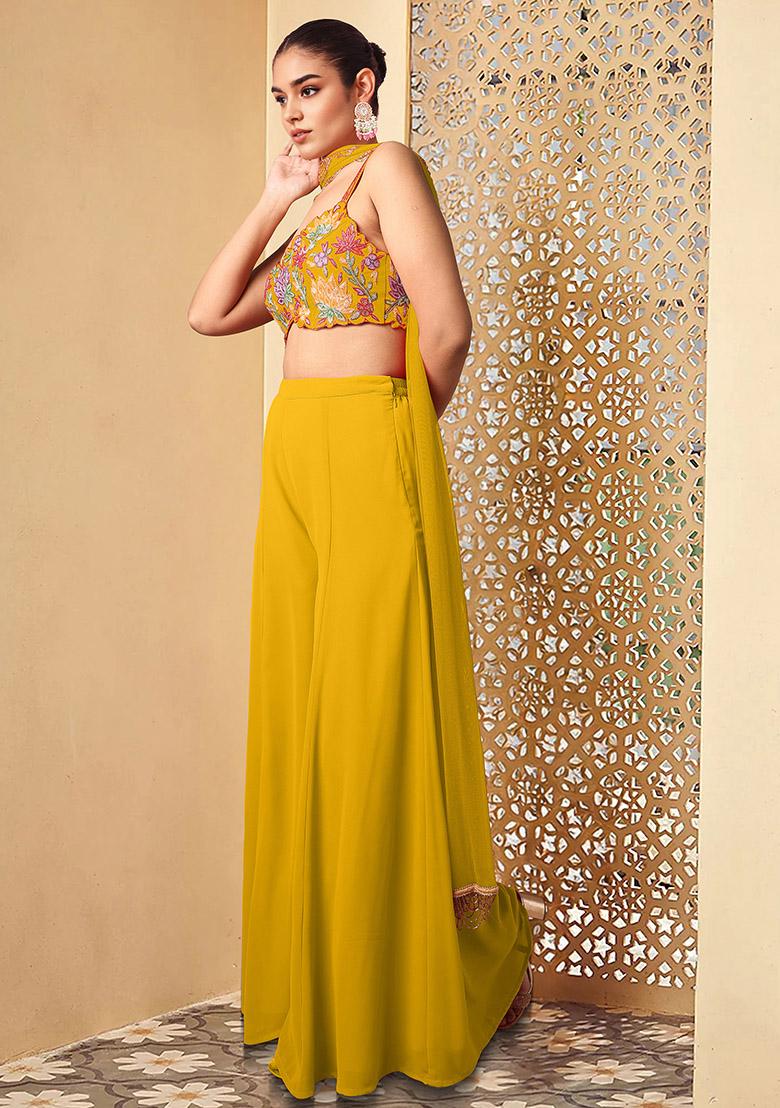 Yellow Palazzo Set With Hand Embroidered Blouse And Dupatta