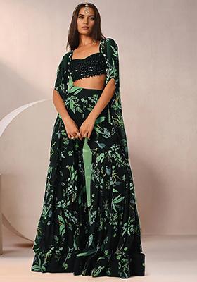 Green Jacket Set With Hand Embroidered Blouse And Sharara