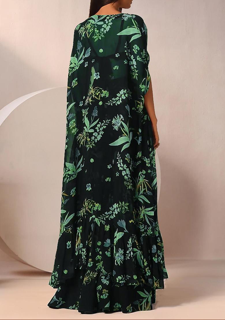 Green Jacket Set With Hand Embroidered Blouse And Sharara