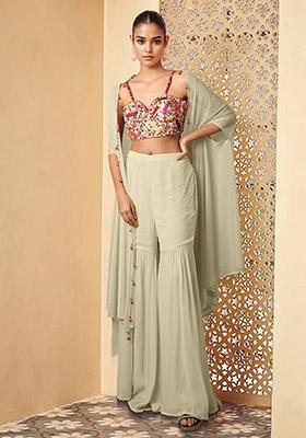 Grey Jacket Set With Hand Embroidered Blouse And Sharara