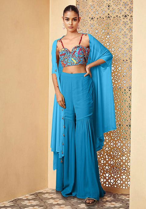 Blue Jacket Set With Hand Embroidered Blouse And Sharara