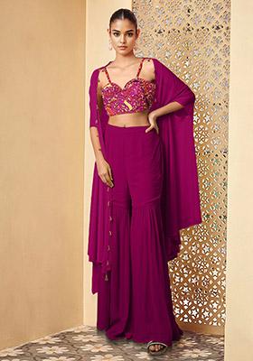 Purple Jacket Set With Hand Embroidered Blouse And Sharara