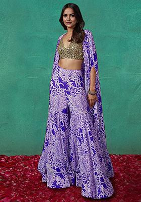 Purple Jacket Set With Hand Embroidered Blouse And Sharara
