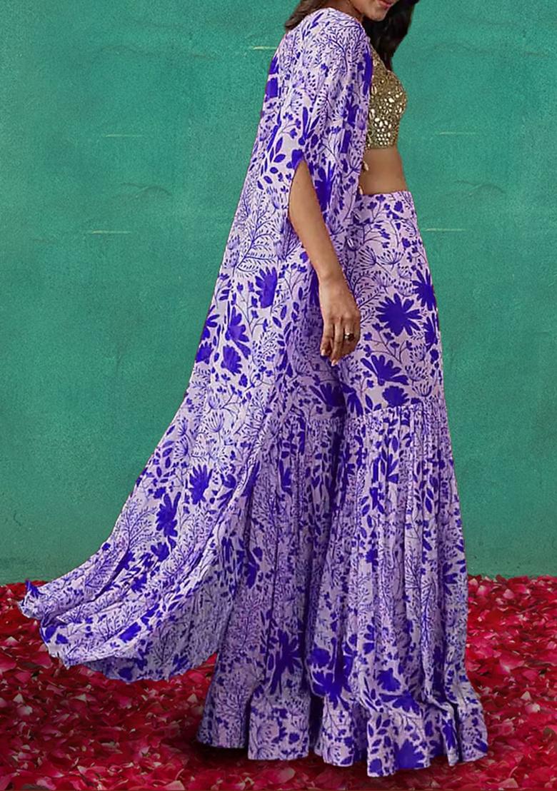 Purple Jacket Set With Hand Embroidered Blouse And Sharara