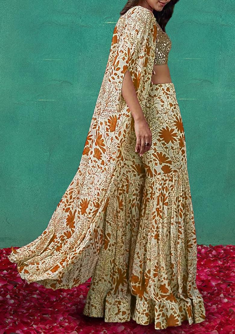 Orange Jacket Set With Hand Embroidered Blouse And Sharara