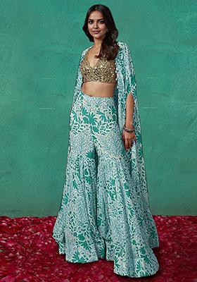 Blue Jacket Set With Hand Embroidered Blouse And Sharara
