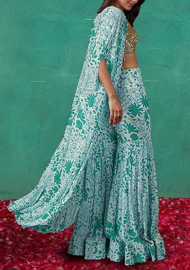 Blue Jacket Set With Hand Embroidered Blouse And Sharara