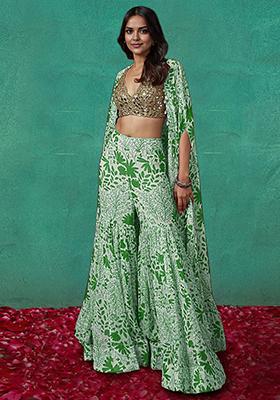 Green Jacket Set With Hand Embroidered Blouse And Sharara