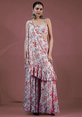 Pink Palazzo Set With Printed Blouse And Dupatta