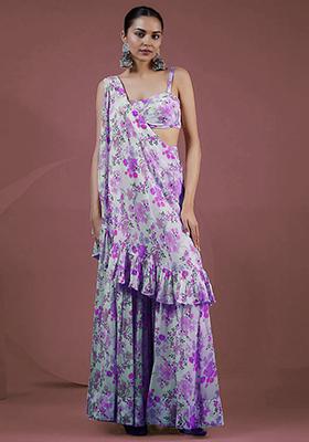 Purple Palazzo Set With Hand Embroidered Blouse And Dupatta