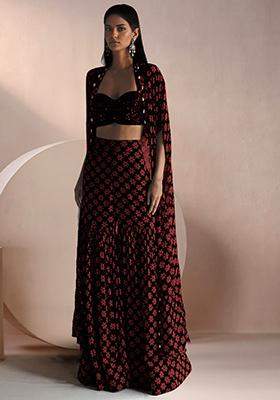 Red Jacket Set With Hand Embroidered Blouse And Sharara