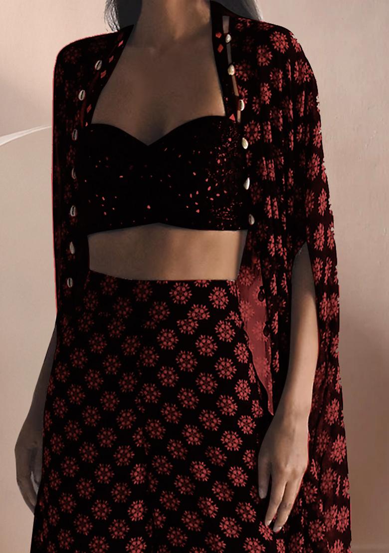 Red Jacket Set With Hand Embroidered Blouse And Sharara