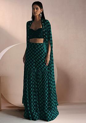 Blue Jacket Set With Hand Embroidered Blouse And Sharara