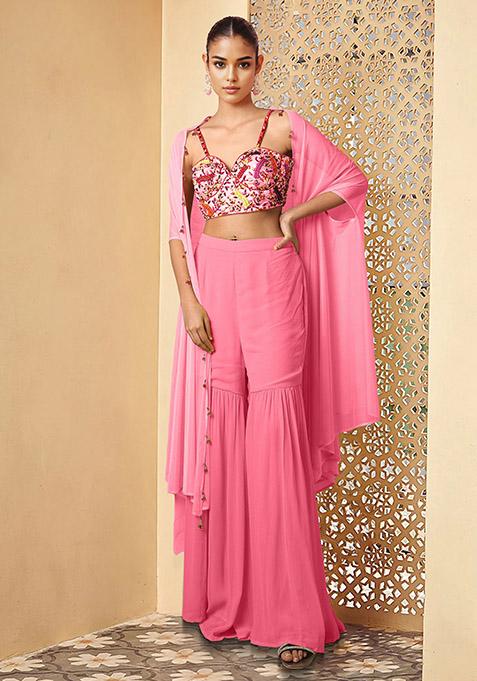 Pink Jacket Set With Hand Embroidered Blouse And Sharara